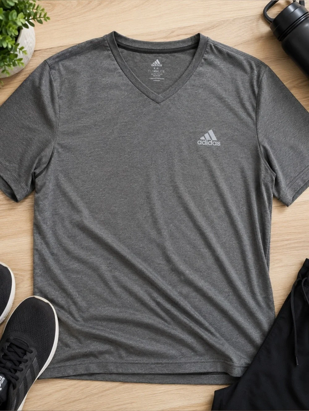 Adidas Climalite Gray V-Neck Performance T-Shirt Men's Large Athletic Tee